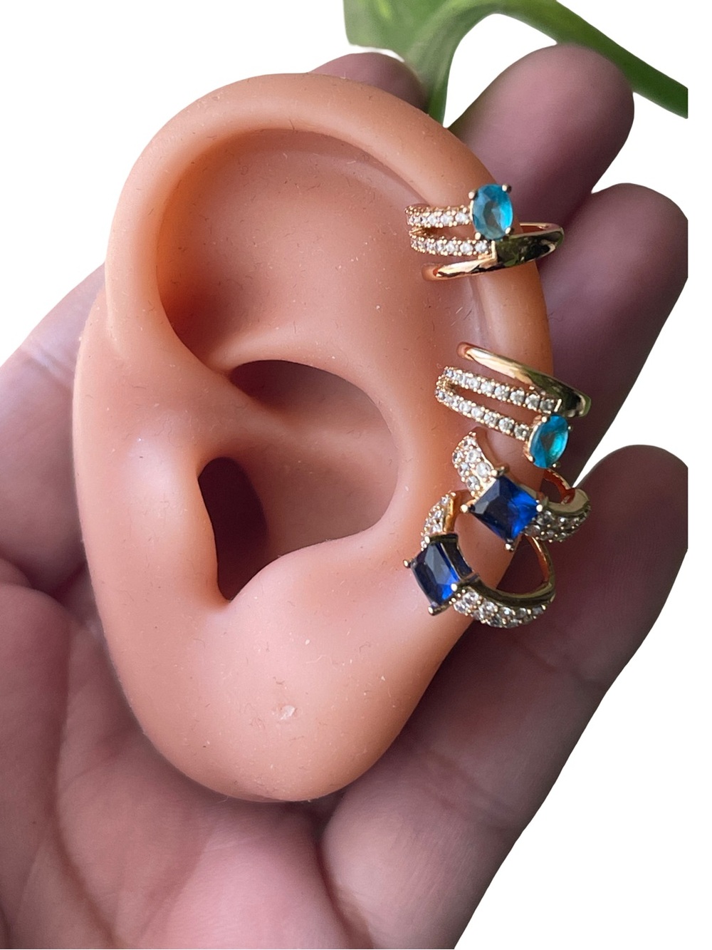 Gold Blue Crystal Stackable 4pcs Ear Cuffs